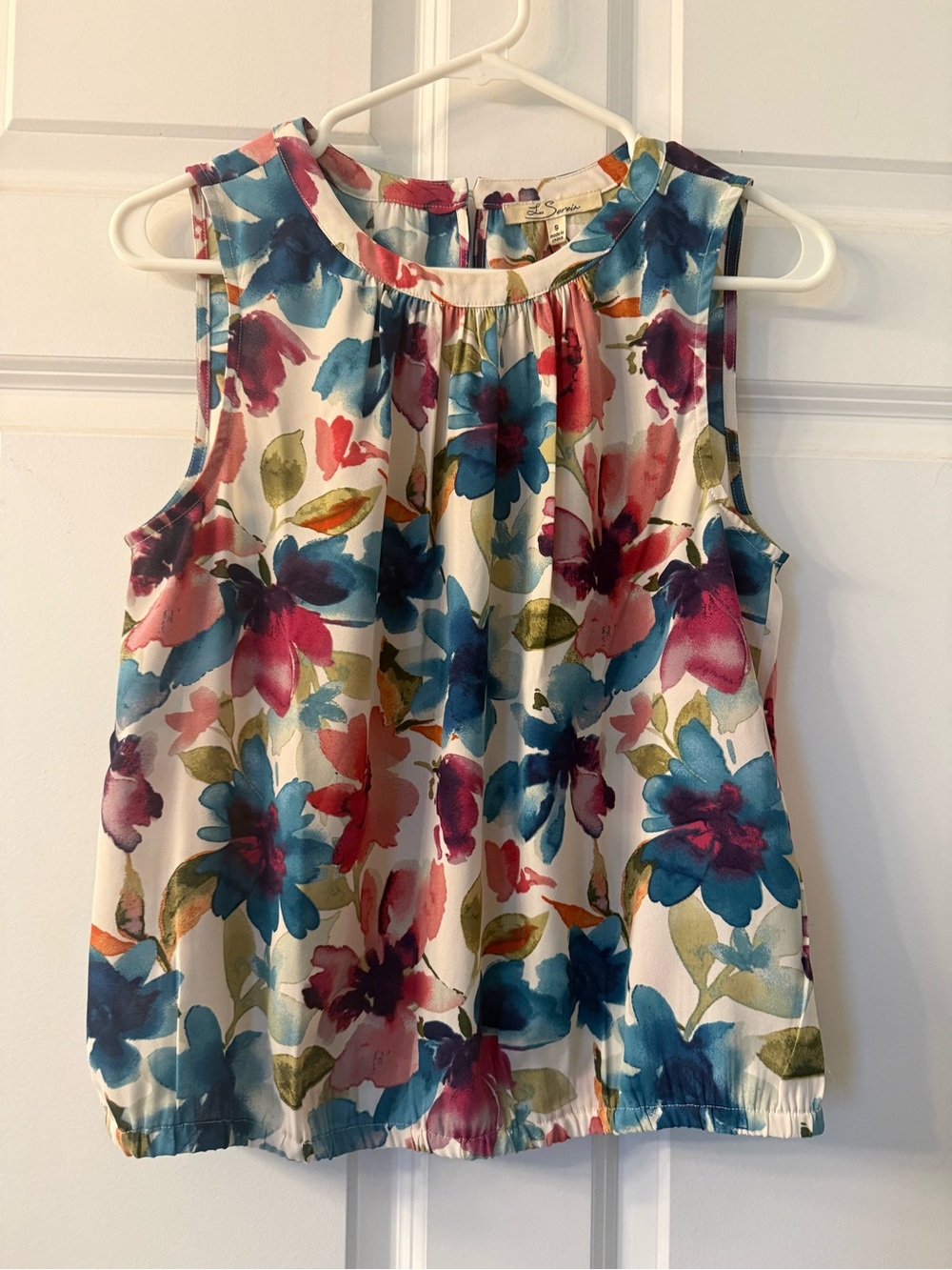 Floral Sleeveless Camisole Top - White with Blue & Pink Floral